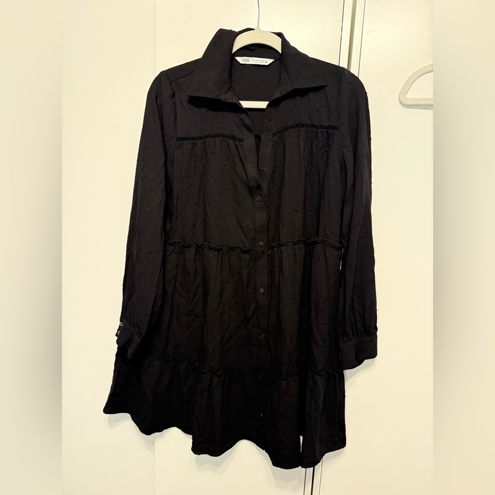 Zara Black Textured Button-Front Long Tunic